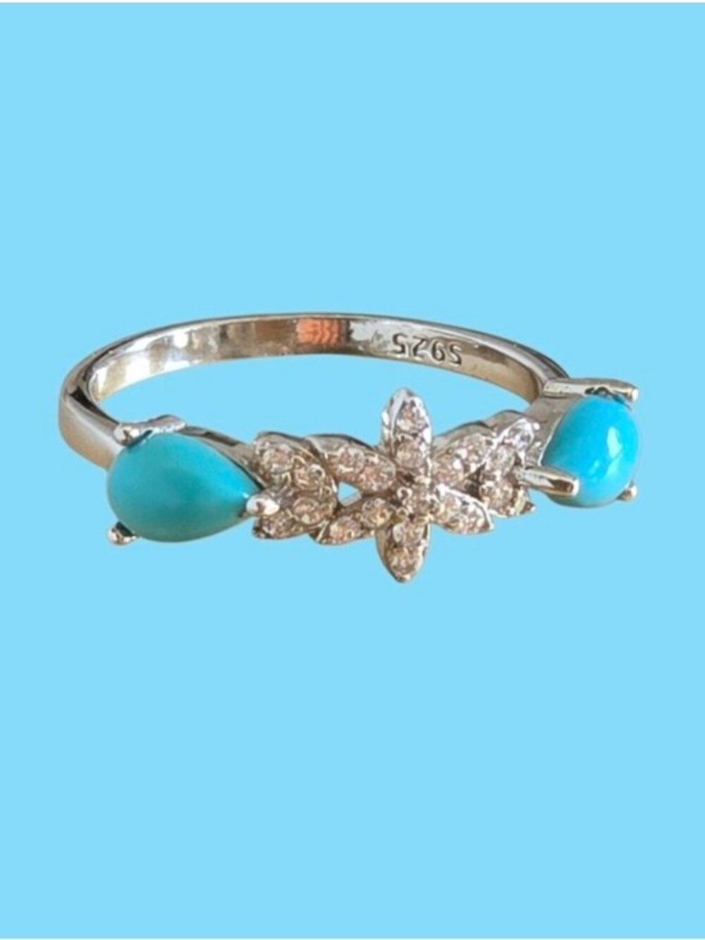925 Sterling Silver Ring SZ 6.75 With Natural Turquoise 6x4mm & CZ